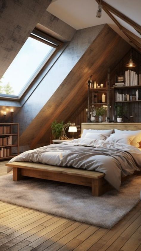 Bedroom A Frame Ceiling, Attic Luxury Bedroom, Under The Roof Room, House Ceiling Ideas, Attic Interior Design, Small Attic Bedroom Designs, Italian Style House, A-frame Interior, Lisbon Apartment