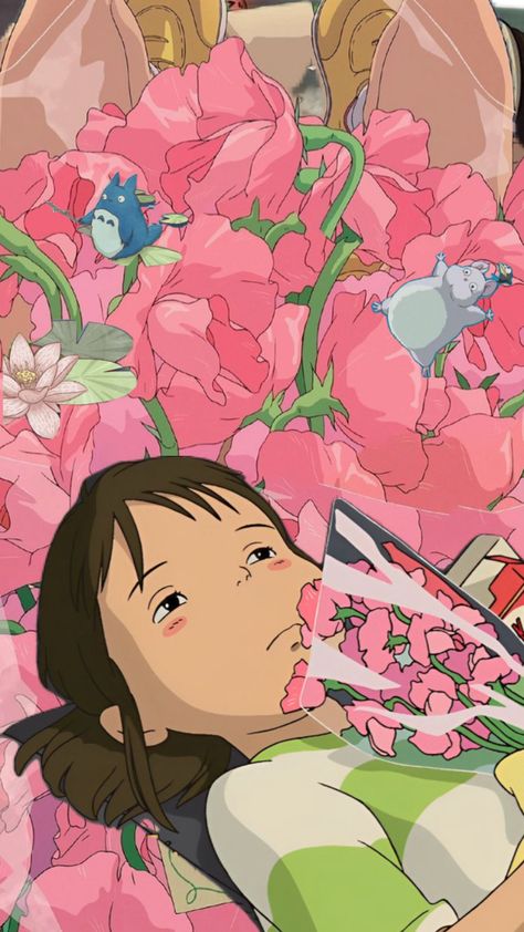 Chihiro with flowers bakround Studio Ghibli Flowers, Ghibli Flowers, Batik Art, Art Plastique, Batik, Mood Board, Film, Drawings, Flowers