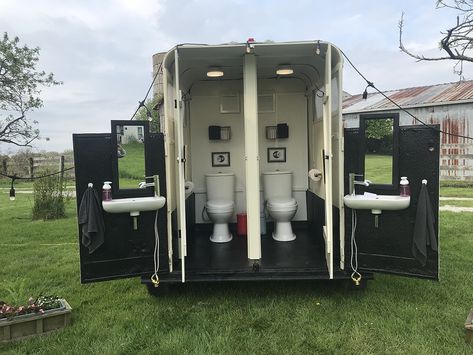 Horse trailer conversion to mobile toilets for event venue. Horse Trailer Bathroom Ideas, Box Trailer Conversion, Stock Trailer Conversion, Horse Trailer Business Ideas, Renovated Horse Trailer, Bathroom Trailer Wedding, Horse Trailer Bar Conversion, Horse Trailer Bar Interior, Diy Portable Toilet