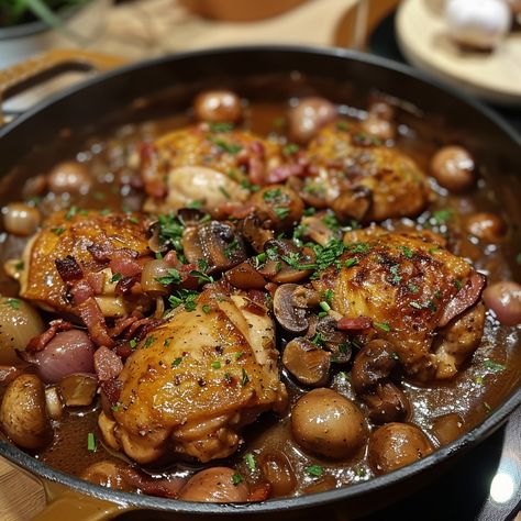 🌟 Experience the rich flavors of French Coq au Vin, a classic that never disappoints! #CoqAuVin 🍽️ French Coq au Vin 🛒 Ingredients: Chicken: 1kg, pieces Bacon: 100g, chopped Red wine: 750ml Mushrooms: 250g Pearl onions: 200g Garlic: 2 cloves, minced Thyme: 1 tsp Flour: 2 tbsp Butter Salt and pepper 👩‍🍳 Instructions: Brown chicken and bacon. Sauté mushrooms and onions. Simmer: Add wine, garlic, thyme, flour. Cook till chicken is tender. 🌟 Savor every bite of this deep, wine-infused chicken... Co Co Vin Chicken, Coc Au Vin Chicken, Sauté Mushrooms, Chicken Coq Au Vin, Easy Coq Au Vin, Co Coq Vin, Brown Chicken, Mushrooms And Onions, Chicken And Bacon