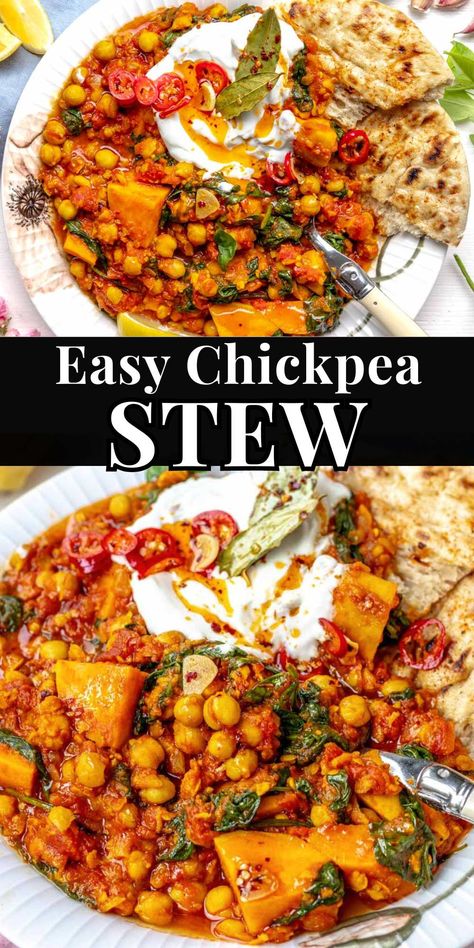 This chickpea stew is an easy one–pot recipe with simple ingredients and is ready in about 30 minutes.It’s excellent as a tasty and nutritious everyday dinner and for meal prep, as the chickpeas become even more flavourful the day after. Chickpea Recipes Easy, Dinner Recepies, Staple Recipes, Stew Dinner, Veggie Meal, Plant Based School, One Pot Vegetarian, Mom Recipes, Meat Diet