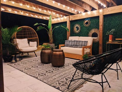 Rental Patio Makeover, Patio Gazebo Decor, Old Patio Makeover, Boho Covered Patio, Airbnb Patio Ideas, Covered Patio Makeover, Indoor Patio Ideas, Back Patio Makeover, Woodland Backyard