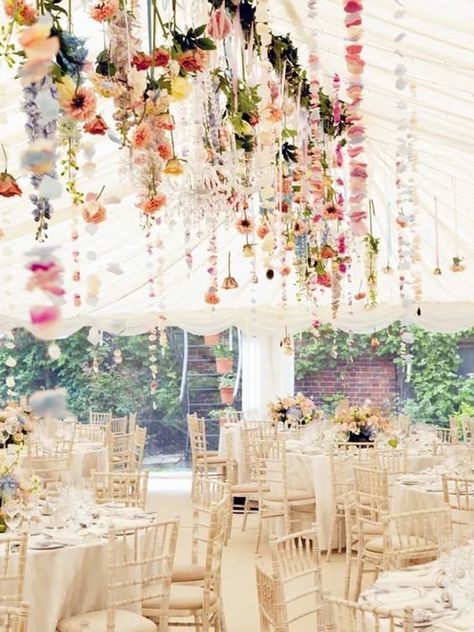 11 Ways to Decorate a Wedding Tent on a Budget Hanging Flowers Wedding, Bohemian Chic Weddings, Hanging Wedding Decorations, Wedding Themes Spring, Spring Garden Wedding, Garden Wedding Reception, Reception Flowers, Wedding Tent, Boho Wedding Decorations