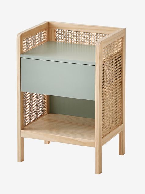 Straw Bedside Table, Poetry - green, Bedroom Furniture & Storage | Vertbaudet Nursery Side Table, Rattan Bedroom Furniture, Vintage Rattan Furniture, Green Bedroom Furniture, Bamboo Wall Art, Rattan Bedroom, Rattan Lounge Chair, Bamboo Decor, Rattan Mirror