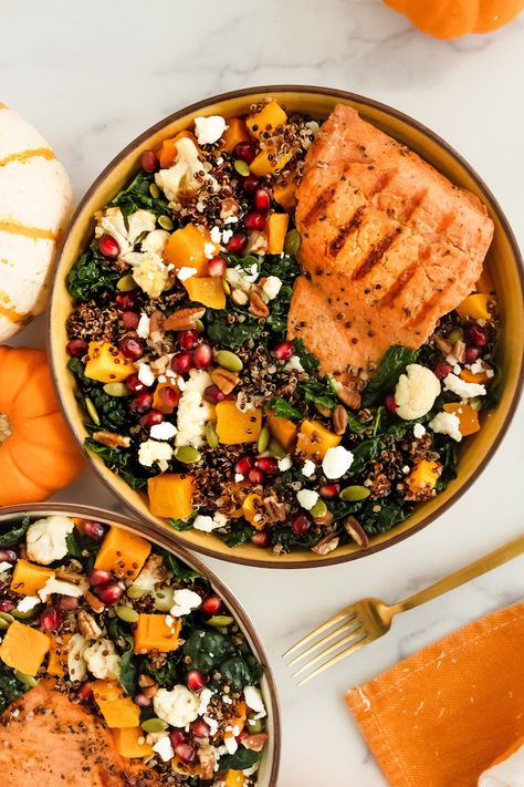 Roasted Cauliflower With Pecan Feta And Date Crumble, Salmon Squash, Fall Salmon, Quinoa Pomegranate, Fall Salad Recipes, Squash Bowl, Garlicky Kale, Honey Mustard Salmon, Fall Meals