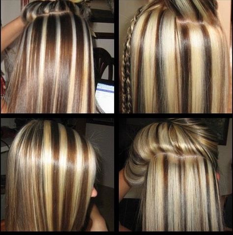 Ash Blonde Highlights On Dark Hair, Chunky Blonde Highlights, Striped Hair, California Hair, Blonde Highlights On Dark Hair, Highlights Ideas, Ombre Blond, Chunky Highlights, Fall Hair Color Trends