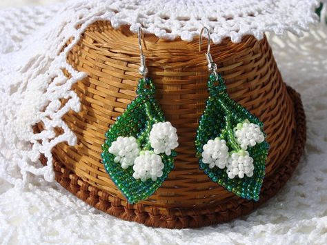 White earrings Lily of the valley jewelry by TreasuresOfMySoul Beaded Lily Of The Valley Tutorial, Green Beaded Flower Drop Earrings, Nature-inspired Green Flower Earrings, Lily Of The Valley Beads, Lily Of The Valley Brooch, Easter Jewelry, Crystal Bridal Earrings, Hammered Hoop Earrings, 3d Figures