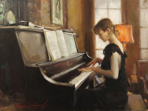 Pianist (oil on linen, 18×24) by Glenn Harrington, featured in the new book "Oil Painting With the Masters." ~ch #oilpainting #howtopaint Oil Painting Basics, Oil Painting App, Piano Girl, Emily Elizabeth, Oil Painting Woman, Piano Art, Playing The Piano, Oil Painting Techniques, Playing Piano