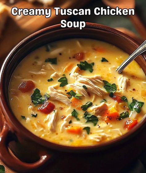 Martha's Recipes Creamy Tuscan Chicken Soup, Tuscan Chicken Soup, Tuscan Soup, Creamy Tuscan Chicken, Italian Soup, Tuscan Chicken, Cozy Meals, Healthy Comfort Food, Mediterranean Cuisine