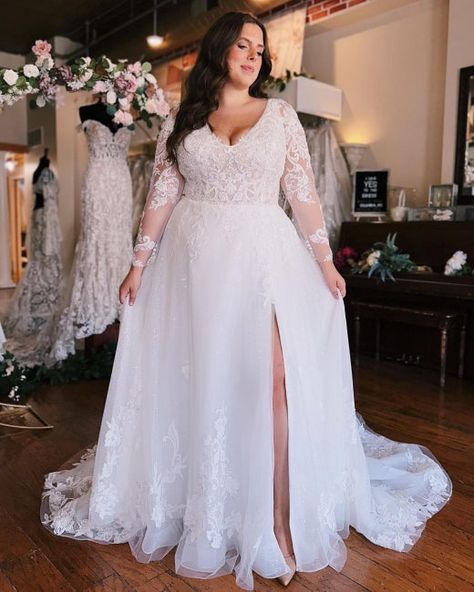 Expertly crafted with lightweight and flowy chiffon, this plus size wedding dress features long sleeves and a flattering v-neckline. Perfect for a romantic and elegant look, it's designed to provide comfort and style on your special day. Available in a range of sizes to ensure the perfect fit. Wedding Dresses A Line Lace, Emerald Prom Dress, Plus Size Wedding Dresses With Sleeves, Wedding Dresses A, Wedding Dresses A Line, Dresses A Line, Plus Size Wedding Gowns, Dusty Blue Bridesmaid Dresses, Lace Wedding Dresses With Sleeves