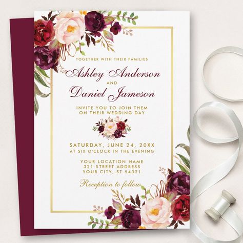 Elegant Burgundy Watercolor Floral and Gold Wedding Invitation includes burgundy roses, pink roses, red roses and botanical greenery - Burgundy Back Wine And Gold Wedding, Wine Vineyard Wedding, Outdoor Wedding Boho, Wedding Invitations Country, Gold Wedding Invite, Wedding Invitations Pink, Garden Outdoor Wedding, Wedding Boho Chic, Cookie Wedding