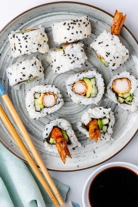 Shrimp Tempura Roll (Easy Steps) - Cooking With Ayeh Sushi Night At Home, Tempura Sushi, Shrimp Tempura Roll, Avocado And Cucumber, Make Your Own Sushi, Tempura Roll, How To Make Shrimp, Sushi Maker, Crispy Shrimp