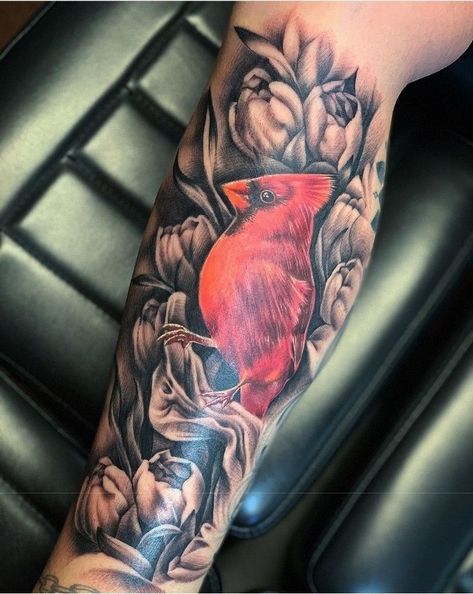 180+ Best Cardinal Tattoos Designs With Meanings (2022) - TattoosBoyGirl Red Cardinal Tattoo With Flowers, Realism Cardinal Tattoo, Red Cardinal Tattoos Men, Mens Cardinal Tattoo, Men’s Cardinal Tattoo, Cardinal Tattoo Men, Cardinal Tattoo For Men, Cardnial Tattoo, Red Cardinal Tattoo