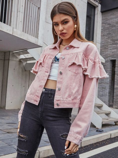 Trendy Ruffled Denim Jacket For Fall, Casual Ruffled Denim Jacket For Fall, Cute Ruffled Long Sleeve Outerwear, Long Sleeve Cotton Denim Jacket With Ruffles, Ruffled Denim Jacket, Pink Denim Jacket, Shirts For Leggings, Outerwear Outfit, Bag Dress