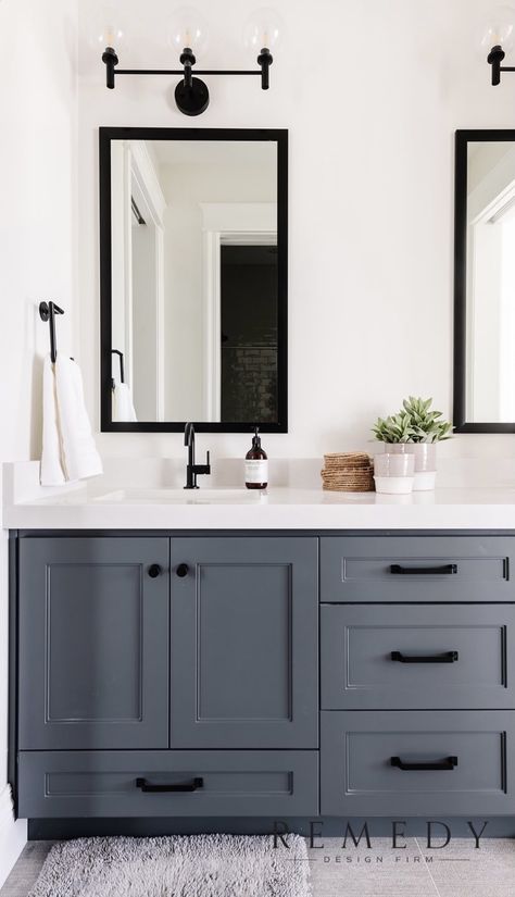 Slate Blue Bathroom Vanity, Gray Vanity Black Hardware, Bathroom Blue Green Vanity Black Hardware, Dark Grey Bathroom Vanity Black Hardware, Modern Farmhouse Bathroom Grey Vanity, Navy Vanity Bathroom, Charcoal Bathroom Vanity Farmhouse, Black Hardware Bathroom, Black Bathroom Hardware