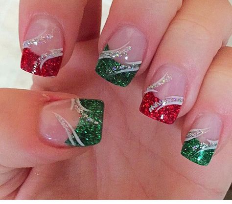 Christmas Nail Art French Tip, Short Simple Christmas Nails Acrylic, Holiday Nail Tips, Simple Christmas Nails Winter Short Square, Christmas Green And Gold Nails, Short Square Acrylic Nails French Tips Christmas, Square Nails Christmas Art Designs, French Xmas Nails, Christmas Gel Nails Square