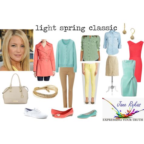 "light spring classic" by expressingyourtruth on Polyvore Light Spring Palette, Light Spring Color Palette, Crewneck Cardigan, Light Spring Colors, Spring Tones, Spring Light, Clear Spring, Spring Palette, Spring Color Palette