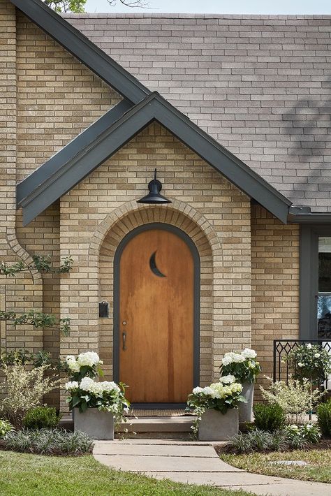 Moon door! Yellow Brick House Exterior, Yellow Brick House, Yellow Brick Houses, Brick House Exterior, Garage Door Design, Victorian Buildings, Brick Exterior House, Front Door Colors, Exterior Paint Colors