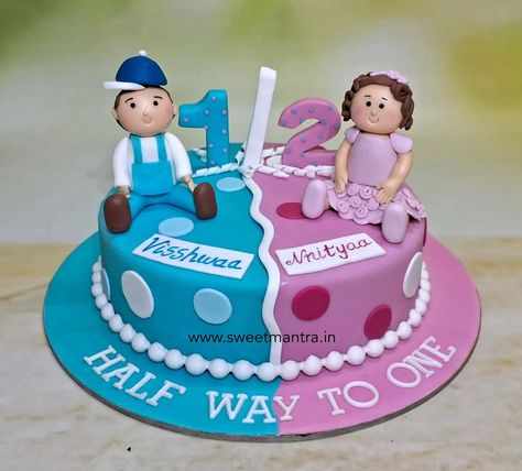 Halfway to One cake for twin boy and girl's 6 months birthday in Pune . . . #halfcake #6months #halfbirthdaycake #6monthscake #cakefortwins #halfwaytoonecake #twins6monthscake #6monthsbirthday #customisedcakefortwins #inpune #cakeforson #cakefordaughter #cakeforboys #fondantcake #bestcakesinpune 🚗 Delivery in Pune, PCMC ☎️ Contact 7058714701 🎂 Customized Designer cakes since 2013! [6monthscakepune, halfbirthdaycakepune, twinscakepune, customcakeforsoninpune, customcakeforgirlsinpu... Twin Birthday Cakes Boy And Girl, Twin Cakes Ideas Boy And Girl, Halfway To One Cake, Halfway To One, Cake Designs For Boy, Half Birthday Cakes, Twin Birthday Cakes, Cake Designs For Kids, Twins Cake