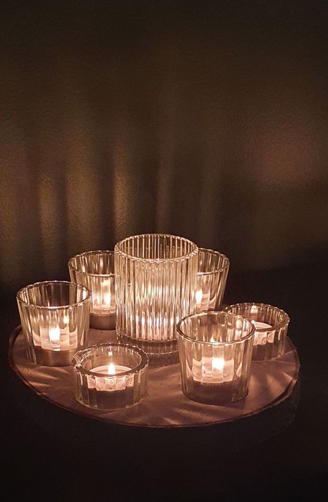 Modern Tea Lights, Ribbed Glass Candle Holder Wedding, Ribbed Candles Wedding, Wedding Tealights, Tea Light Table Decorations, Wedding Thrift, Tea Light Centerpiece, Glass Candle Holders Wedding, Candle Lit Table