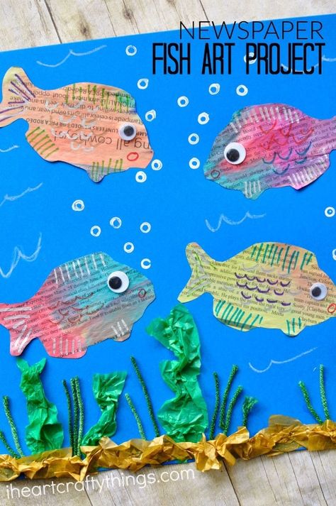 Fish Art Project, Newspaper Project, Summer Art Projects, Paper Fish, Newspaper Art, Art Fish, Fish Crafts, Ocean Crafts, Newspaper Crafts