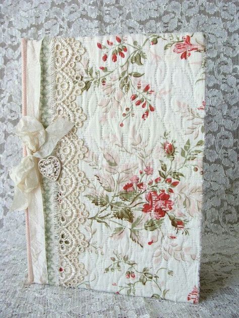 Decorated Notebooks, Shabby Chic Journal, Old Book Crafts, Fabric Book Covers, Pretty Heart, Seam Binding, Diary Notebook, Note Holders, Shabby Chic Crafts