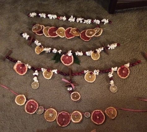 Lots of garland : dried citrus, berries & popcorn (strung onto dental floss !) Cranberries And Popcorn Garland, Diy Popcorn Garland, Popcorn String, Dried Fruit Garland, Popcorn Tree, Popcorn Decorations, Dried Citrus, Diy Popcorn, Popcorn Garland