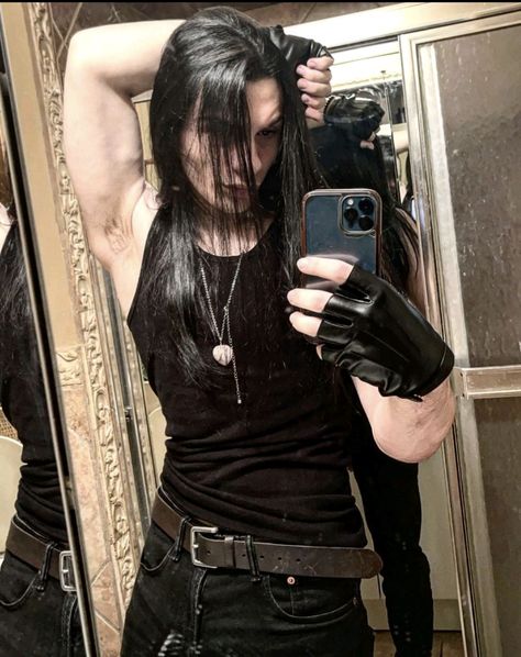 Florida Alt Fashion, Long Black Hair Man Aesthetic, Men With Mascara, Long Hair Goth Guy, Muscular Goth Men, Goth Metalhead Guy, Metal Head Men Long Hair, Buff Metalhead Guy, Buff Emo Guys