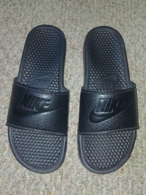 My all-black Nike Benassi slides -- I really love them!  I will wear them all through the end of October,,,, WUBBA LUBBA DUB DUB!! Black Nike Slides, Nike Benassi Slides, Slides Nike, All Black Nikes, Nike Benassi, Wubba Lubba Dub Dub, Nike Slides, Black Nike, Pool Slides