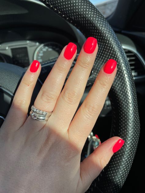 Short Nail Bright Color, Bright Coral Red Nails, Bright Short Nails For Summer, Bright Summer Red Nails, Bright Red Dip Nails, Bright Summer Short Nails, Pink Red Nail Color, Neon Watermelon Nails, Watermelon Colored Nails