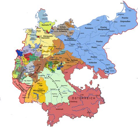 The German Empire in the 1880s, after the dissolution of Austria-Hungary. In this alternate History, Prussia lost the war against Austria in 1866, losing all its western territories as well as the Province Saxony. France conquered Luxembourg successfully, leading to a war against France leaded by Prussia and Austria (both competing for hegemony). The war was won and the German Empire established, though Austria did not join until national separatistic movements took over power in Cisleithania. Austria Hungary X German Empire, German Empire X Austria Hungary, India World Map, Book Infographic, History Of Germany, German Map, Austria Hungary, German Empire, Imaginary Maps