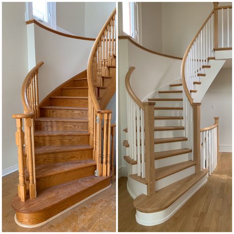 Oak Staircases Ideas, Oak Wood Staircase, Two Toned Staircase Banisters, Paint Oak Railing, Update Oak Staircase, Wooden Stairs Renovation, Light Wood Banister, Wooden Staircase Makeover, Oak Hallway Ideas