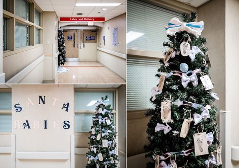 Using footprints, hospital blankets, newborn hats, bulb syringes, newborn hospital bands, and chux pads to trim the Christmas tree in the maternity ward (labor & delivery) of a hospital. Christmas decorating ideas. #christmas #tree #newborn #birth #laboranddelivery #hospital #diy #holiday #decor Labor And Delivery Christmas Tree, Labor And Delivery Christmas Decorations, Hospital Christmas, Heart Hospital, Hospital Blankets, Newborn Birth, Christmas Decorating Ideas, Newborn Hats, Newborn Hospital