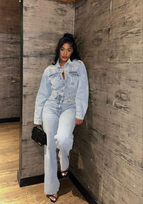 It Girls Love Amazon | The Outfit Inspo VS The Amazon Finds 🍂 | Facebook Jumpsuit Outfit Jeans, Black Denim Romper Outfit, All Denim Outfits For Black Women, Denim Work Outfits Women, Jean Jumpsuit Outfit Black Women, Jean Dress Outfit Black Women, Denim Jumpsuit Outfit Black Women, Denim Jumpsuit Outfit Fall, Outfit Jupe En Jean