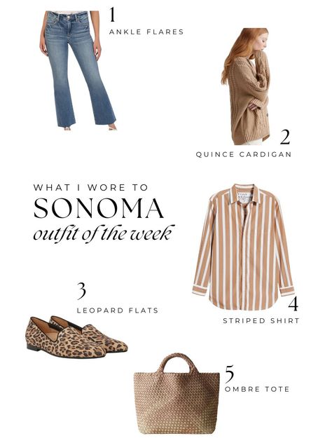 Casual outfit collage with denim, cardigan, striped shirt, leopard print flats and a woven tote. Sonoma California Outfits, Candy Board, Sonoma California, California Outfits, Leopard Flats, Baking Essentials, Outfit Collage, Coffee Table Book, Weekly Outfits