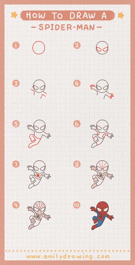 Setp by Step tutorial on how to draw spider-man. FREE download the Printable drawing guide and coloring page,Click to Get! #drawing #howtodrawspider-man #spider-man #learntodraw #howtodraw How To Draw Super Heroes Step By Step, Cute Spiderman Drawing Easy, How To Draw Spider Man Step By Step, Spider Man Simple Drawing, Spiderman Drawing Easy Step By Step, Step By Step Character Drawing, How To Draw Super Heroes, How To Draw Characters Step By Step, How To Draw Cartoon Characters