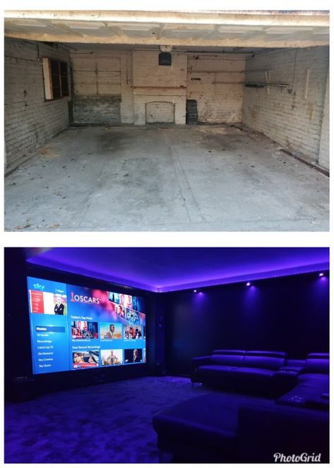 Before and after converting an internal garage to a home cinema room. 5.2.2 Dolby atmos Garage Cinema Room, Attic Cinema Room, Garage Movie Room, Garage Conversion Ideas Bedrooms, Garage Chill Space, Garage Hangout, Room Above Garage, Vibey Room, Light Movie