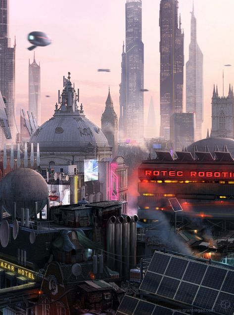 ArtStation - London 2046 Art by Grant Regan. Scifi City, Cyberpunk Rpg, Club Video, Sci Fi City, Gato Anime, Cyberpunk City, Arte Cyberpunk, Fantasy City, Futuristic Art