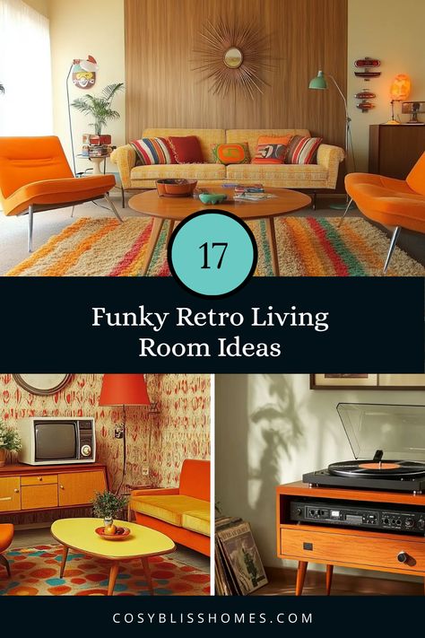 17 funk-tastic retro living room decor ideas to give your space those nostalgic vibes! From lively lava lamps to chic terrazzo accents, each idea is designed to transform your living area into a stylish time capsule. Discover how to mix psychedelic patterns, classic furniture styles, and playful color schemes to create an inviting and groovy atmosphere. If you love all things vintage or want to bring back that retro charm, these ideas will inspire you to add perfectly curated accents that tell your own unique design story! Funky Living Room Layout, Funky Retro Apartment, Retro Beach Apartment, Apartment 70s Aesthetic, Colorful Retro Apartment, Vintage 70s Living Room, Vintage Room Ideas 70s, 70s Decor Living Room, Retro Eclectic Decor