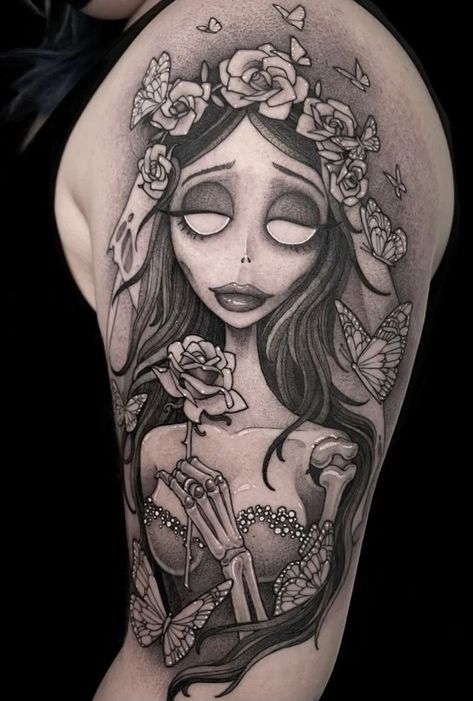 Emily And Victor Tattoo, Emily Tattoo Corpse Bride, Emily Corpse Bride Tattoo, Bride Tattoo Ideas, Corpse Bride Tattoo Ideas, Emily Tattoo, Corpse Bride Tattoo, Gothic Quotes, Bride Tattoo