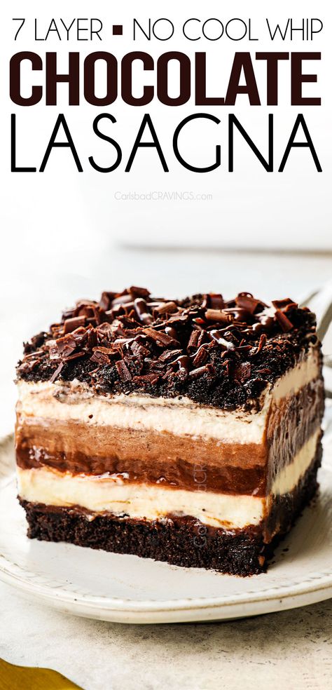 Chocolate Lasagna Trifle, Choc Lasagna Dessert Recipes, Baileys Chocolate Lasagna, Desserts Lasagna, 7 Layer Chocolate Dessert, Desert Lasagna, Chocolate Lasagna Recipe Oreo, Chocolate Lasagna Recipe Easy, Jello Lasagna