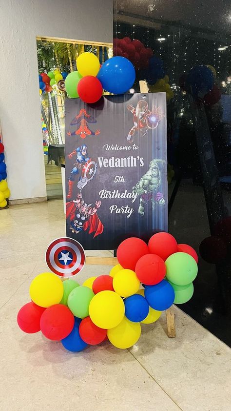 Avengers-themed welcome board with superhero graphics. Birthday Entry Ideas, Birthday Welcome Board Entrance, Welcome Board For Birthday Party, Birthday Entrance Decor, Avengers Balloons, Avengers Theme Birthday Party, Avengers Birthday Party Ideas, Avengers Birthday Party, Son Birthday