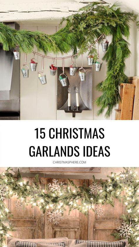 the best selection of Christmas garlands- unique, handmade, traditional, minimal- we have your Christmas garland decorations covered, Merry Christmas! CHRISTMASPHERE.COM #christmas #christmasgarlands #christmasdecor #christmasdecorations #holidayseason Christmas Garland Ceiling Beam, Decorating Wood Beams For Christmas, Shower Rail Christmas Garland, Christmas Garland On Curtain Rod, Christmas Garland On Ceiling Beams, Christmas Greenery Garland, Garland Around Kitchen Window, Garland Around Door Frame Inside, Decorating With Garland For Christmas