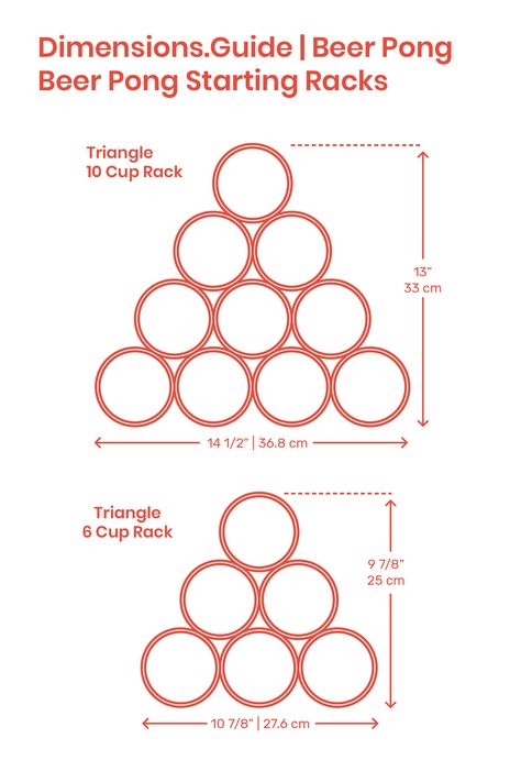 Beer pong games start with both teams have their beer pong cups arranged in triangular racks of either 10 or 6 cups. 16 oz beer pong cups have a top diameter of 3 5/8” (82 mm), a height of 4 5/8” (117 mm), and a base width of 2 1/4” (57 mm). Downloads online #beerpong #party #tables #sports #games Pong Table Template, Beer Pong Table Stencils, Cute Beer Pong Table, Beer Pong Rules Poster Diy, Beer Pong Layout, Beer Pong Rules Poster, Beerpong Table, Beer Pong House Rules Poster, Frat Pong Table