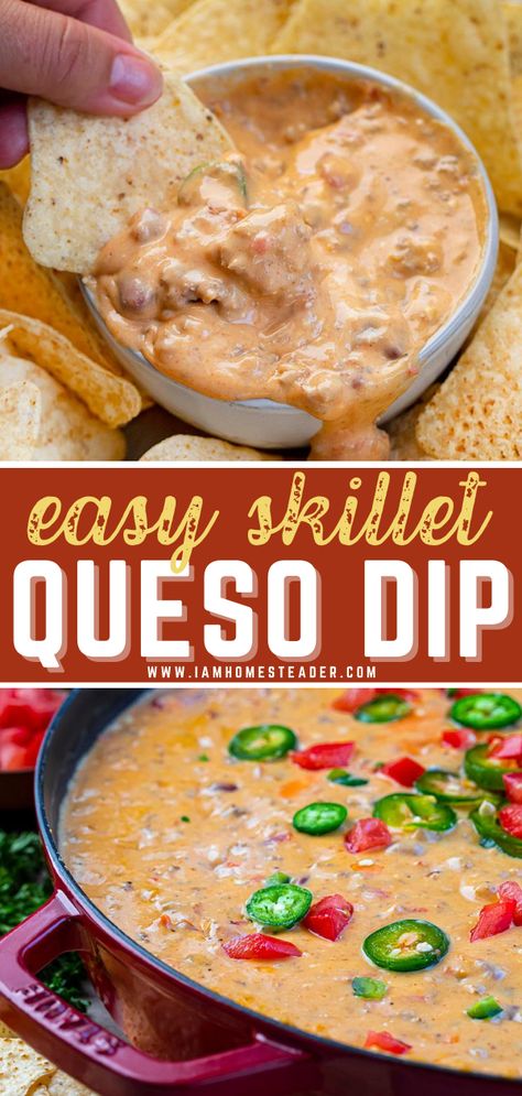 Skillet Queso Dip, Sausage Queso Dip, Skillet Queso, Sausage Queso, Ground Beef And Sausage, Skillet Dip, Holiday Dip, Sausage Cheese Dip, Velveeta Queso