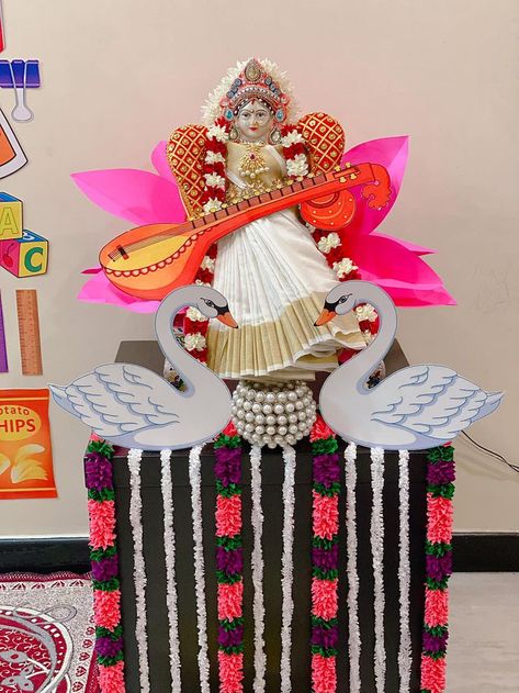 Saraswathi Pooja, Gauri Decoration, Ganesh Chaturthi Decoration, Baby Boy Newborn Photography, Goddess Saraswati, Ganpati Decoration At Home, Ganapati Decoration, Decoration For Ganpati, Flower Decorations Diy