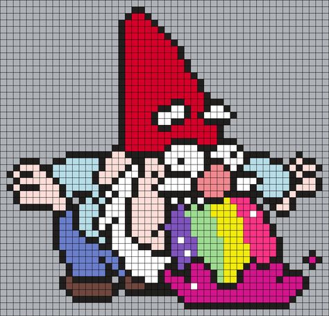 Rainbow Puking Gnome From Gravity Falls (Square) Perler Bead Pattern / Bead Sprite Minecraft Gravity Falls, Gravity Falls Cross Stitch, Minecraft Cross Stitch Pattern, Gnome Pixel Art, Gnome Perler Bead Patterns, Gravity Falls Crochet, Kandi Perler Pattern, Gravity Falls Perler Beads, Stitch Perler Bead Pattern