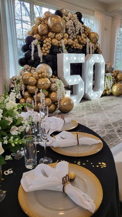 50 Celebration Ideas, Center Pieces For 50 Birthday, 50th Anniversary Decor Ideas, 75th Birthday Balloon Decorations, 50th Birthday Set Up, Formal 70th Birthday Party Ideas, Classy 50th Birthday Decorations, 50th Anniversary Balloons, Winter 50th Birthday Party Ideas