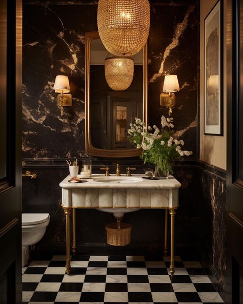 Old Money Aesthetic Interior Design, Powder Room Checkered Floor, Small Master Bath Vanity Ideas, Lux Bathroom Ideas, Brewery Bathroom, Moody Vintage Bathroom, Speakeasy Bathroom, Old Hollywood Bathroom, Dark Powder Room