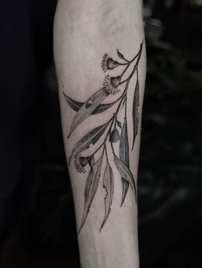 Branch Leaves Tattoo, Olive Branch Tattoo Leg Wrap, Eucalyptus Leaves Tattoo, Olive Branch Leg Tattoo, Willow Eucalyptus Tattoo, Jungle Leaves Tattoo, Gum Leaf Tattoo, Gum Leaves Tattoo, Foliage Tattoo